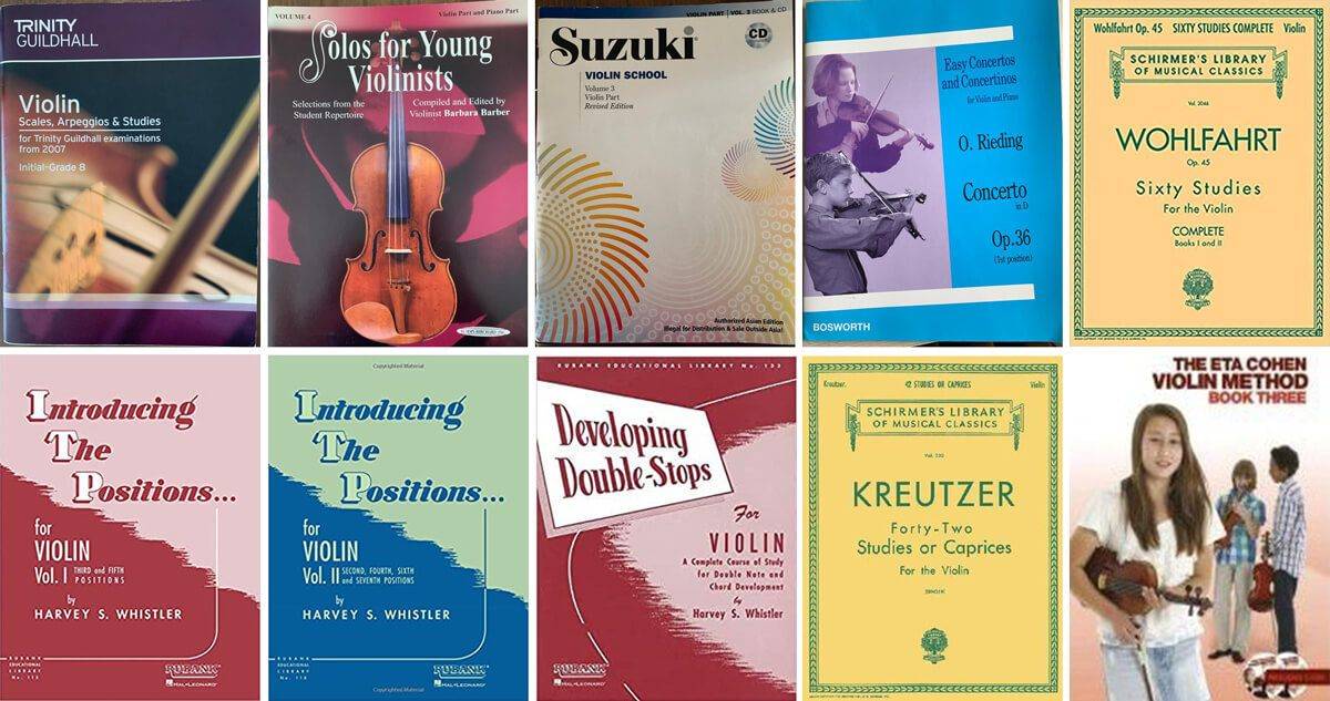 Violin scores and study books used in Elaine’s lessons